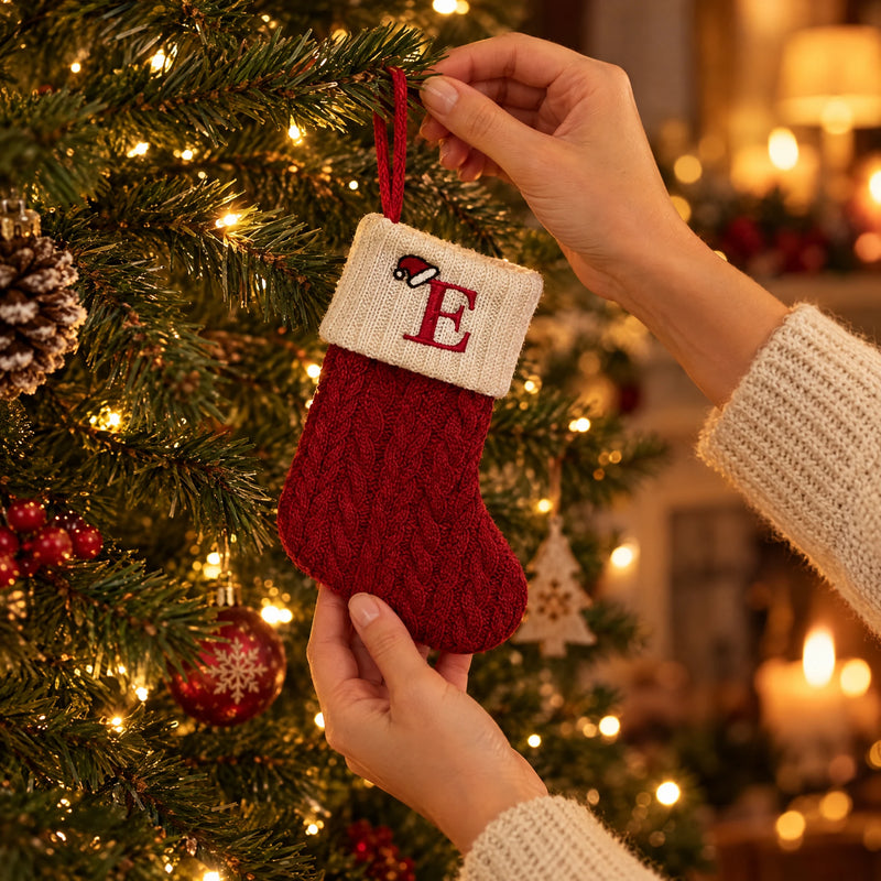 Hands hanging a letter E stocking on a Christmas tree