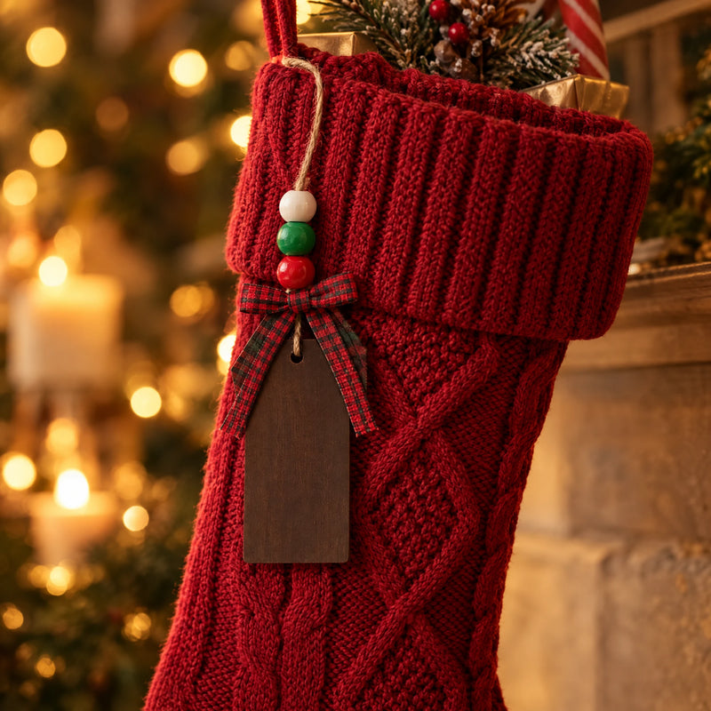 Close-up of the red stocking cuff, plaid bow and wooden tag