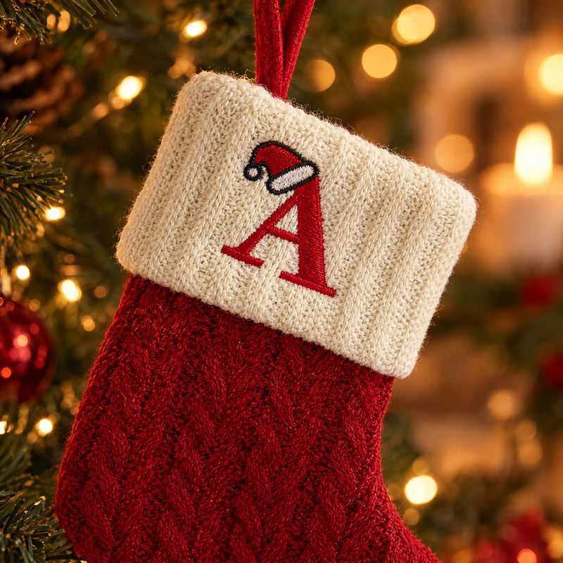 Close-up of the embroidered letter A with a tiny Santa hat
