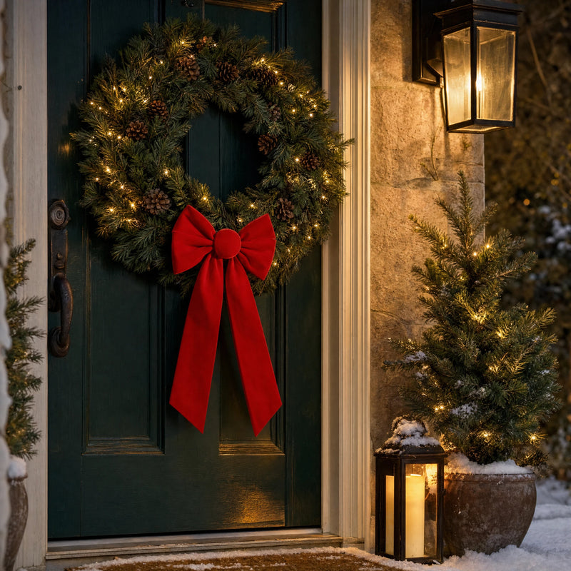 Red velvet bow on a pine wreath on a front door at Christmas