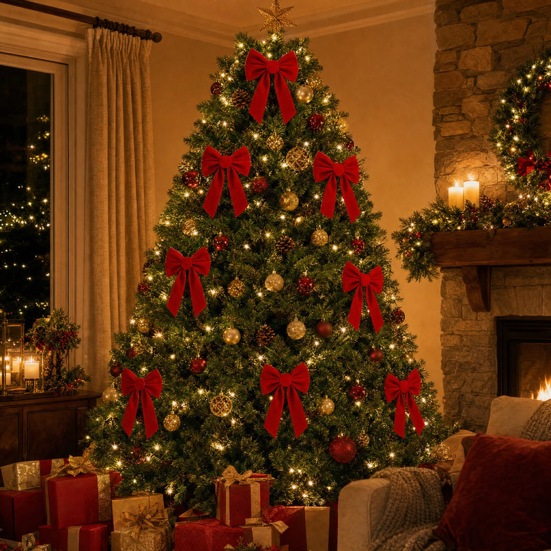 Christmas tree decorated with red velvet bows