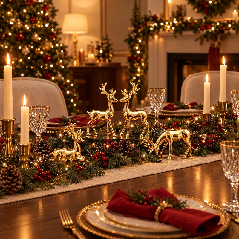 Golden reindeer centerpiece on a Christmas dinner table