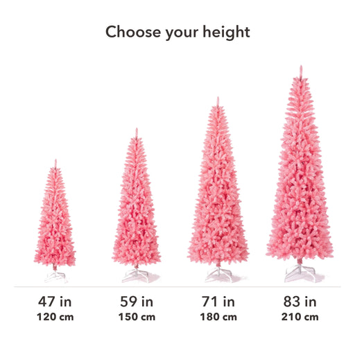 Pink pencil Christmas tree size comparison: 47 in / 120 cm, 59 in / 150 cm, 71 in / 180 cm, 83 in / 210 cm
