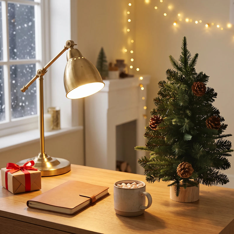 Mini Christmas tree on a wooden desk with a mug of cocoa and a desk lamp