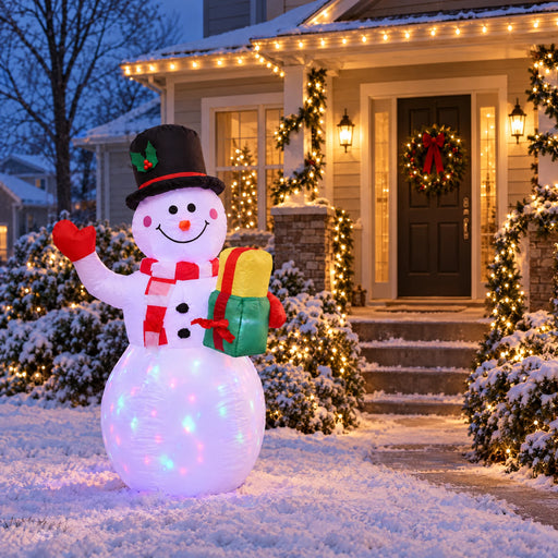Glowing inflatable snowman on a snowy front yard