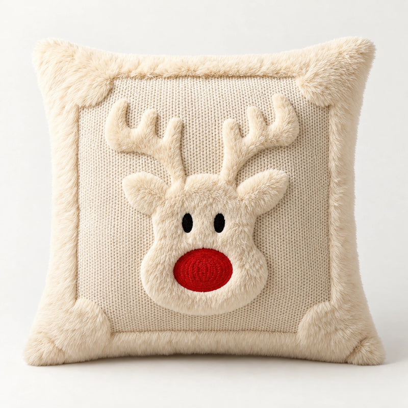Christmas Reindeer Cushion Cover — Plush Reindeer Face, 18 in