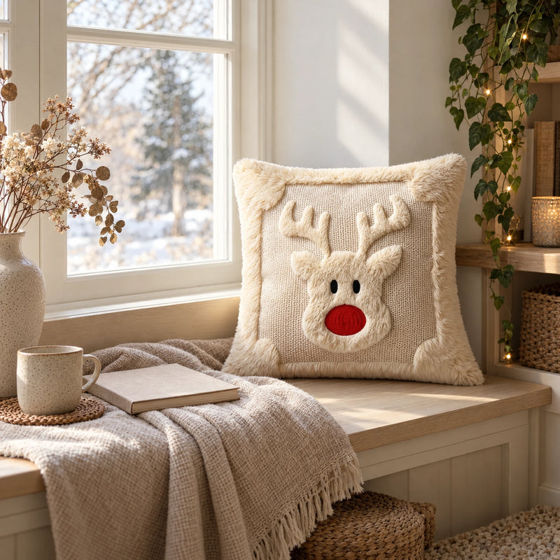 Christmas Reindeer Cushion Cover — Plush Reindeer Face, 18 in