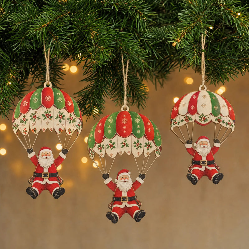 Santa Parachute Wooden Ornament Set