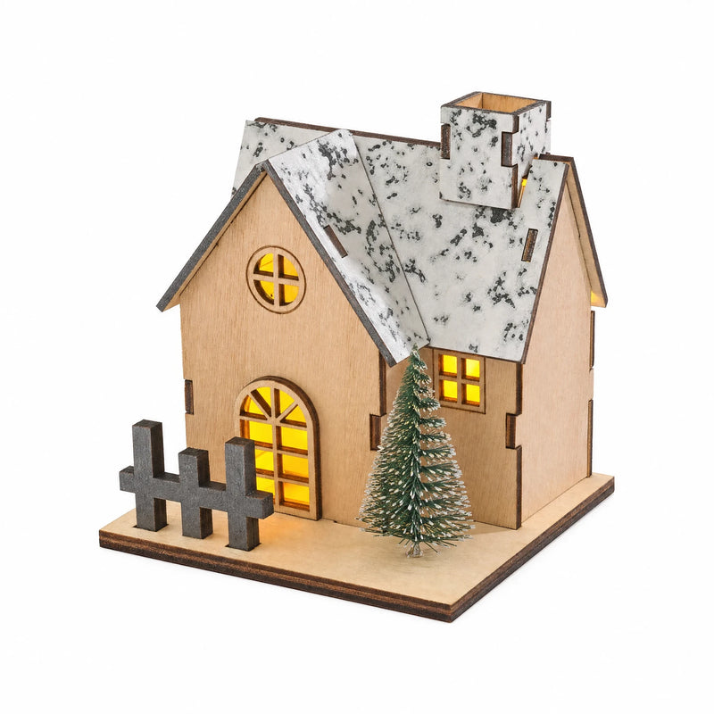 Style C wooden LED Christmas house with projecting front gable, right chimney, tree and fence on pure white