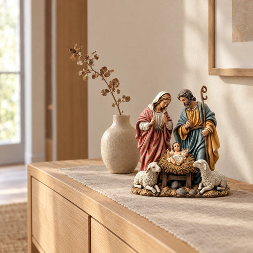 Nativity scene figurine on a light oak console in a hallway