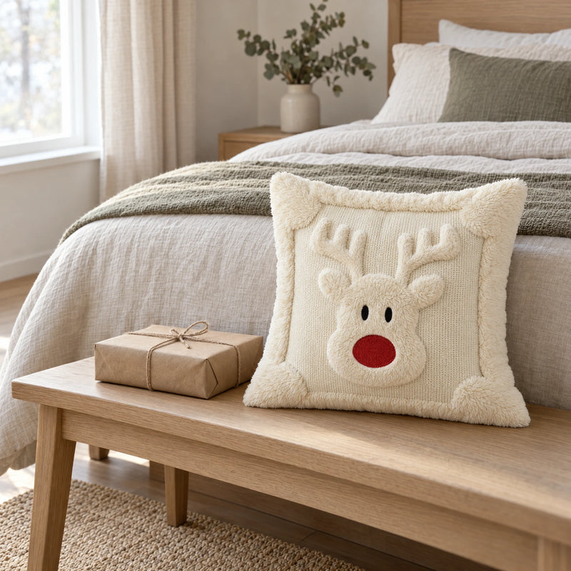 Christmas Reindeer Cushion Cover — Plush Reindeer Face, 18 in