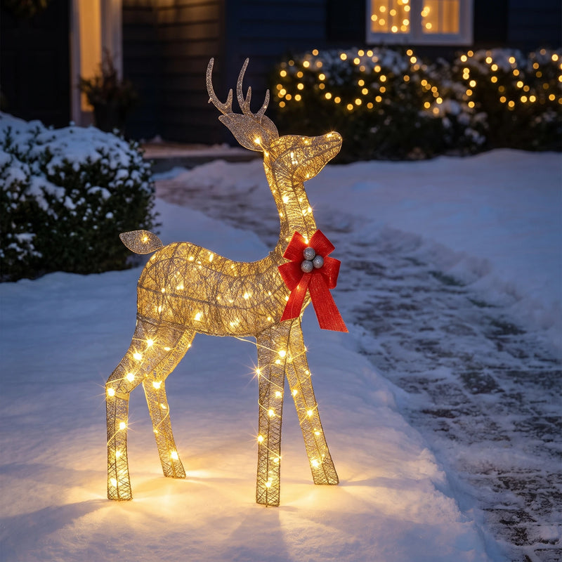 3 ft Lighted Christmas Reindeer — Gold Glitter Mesh, Pre-Lit