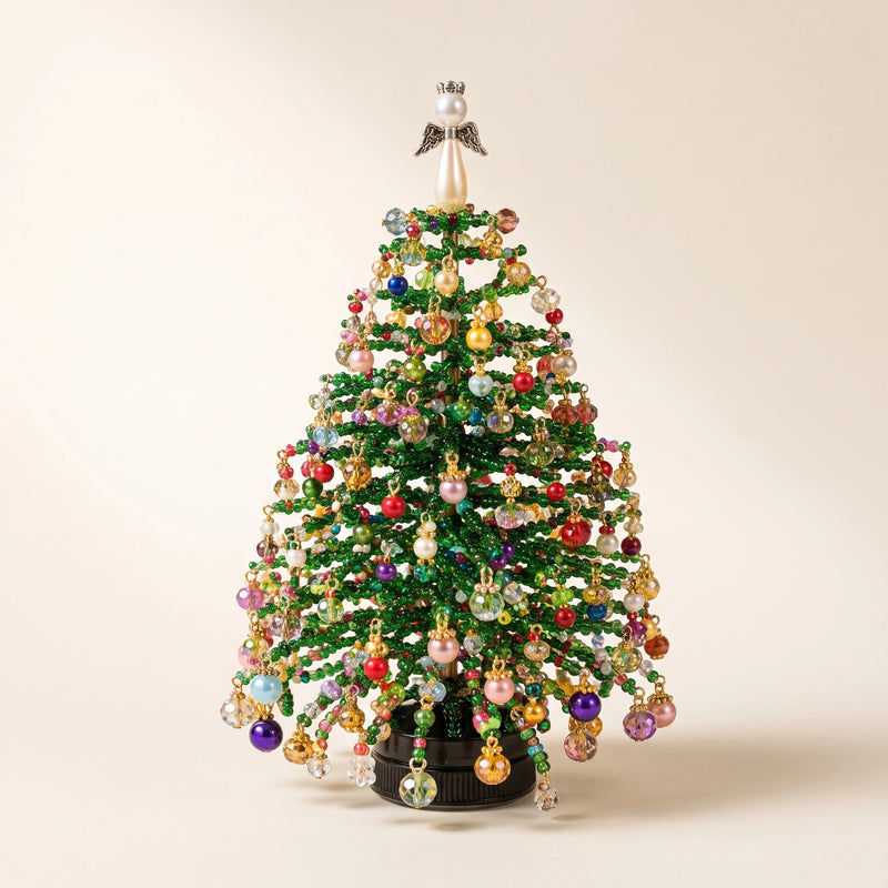 Colorful beaded holiday tree on a warm neutral background