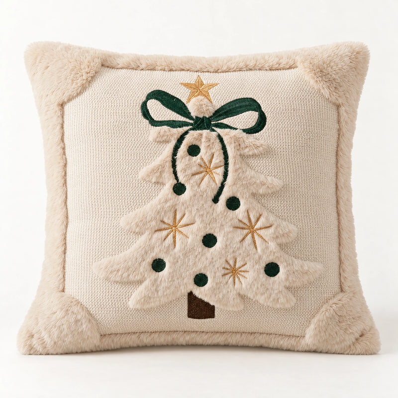 3D Christmas Tree Cushion Cover — Faux Plush Embroidered Tree, 18 in