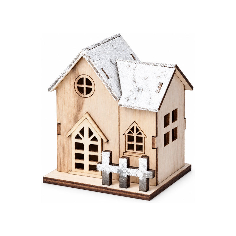 Christmas LED Light Wooden House – Snow-Flocked Wood Cabin Decoration