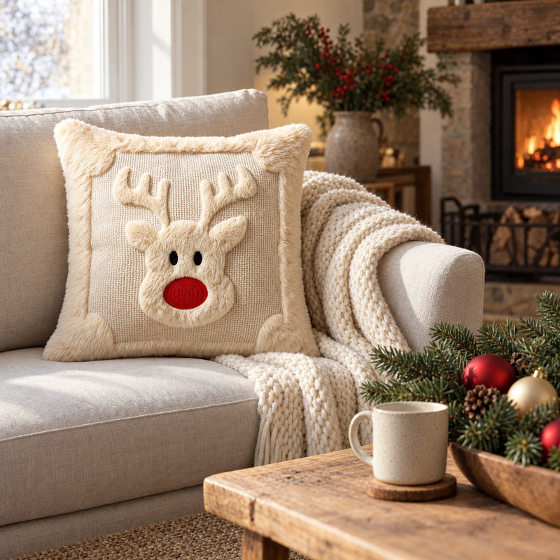 Christmas Reindeer Cushion Cover — Plush Reindeer Face, 18 in