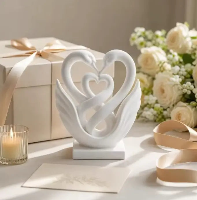 SwanForever Double Swan Heart Figurine - 3D Printed Romantic Love Ornament for Home & Wedding Décor