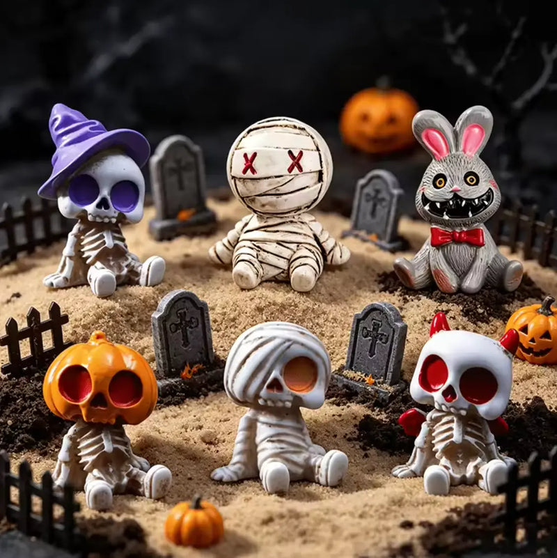 BoneyBunch™ Mini Skeleton Figurine Set - 6-Piece Halloween Resin Statues