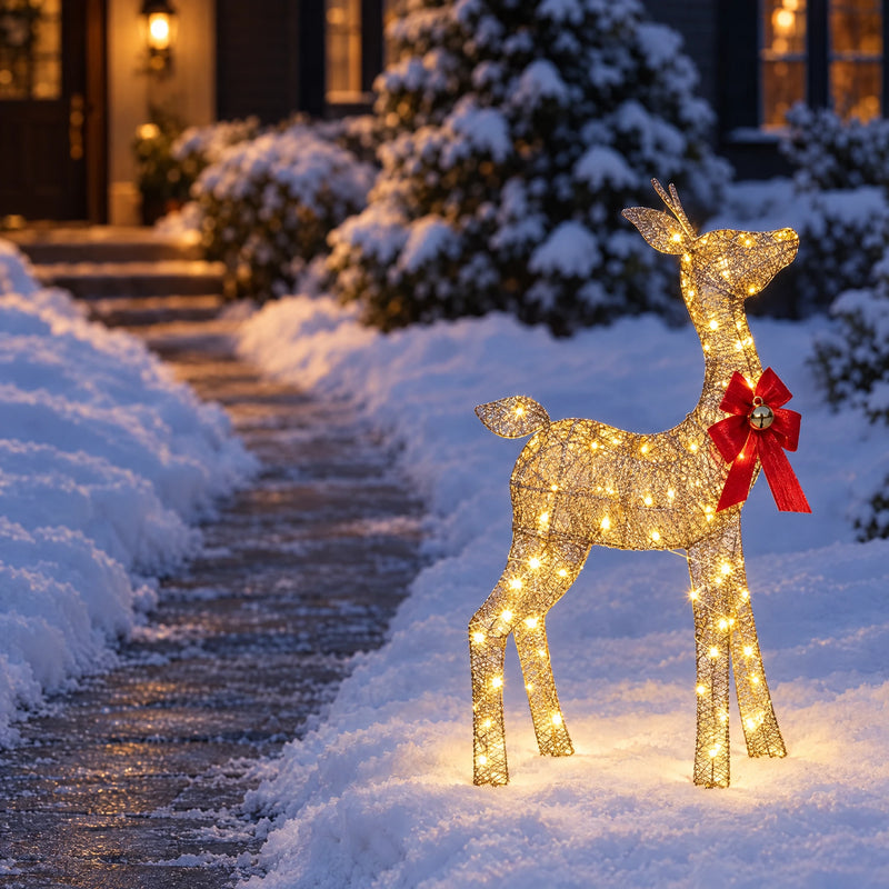 3 ft Lighted Christmas Reindeer — Gold Glitter Mesh, Pre-Lit