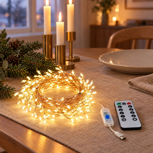 Copper wire light string glowing warm white on a festive dining table at dusk