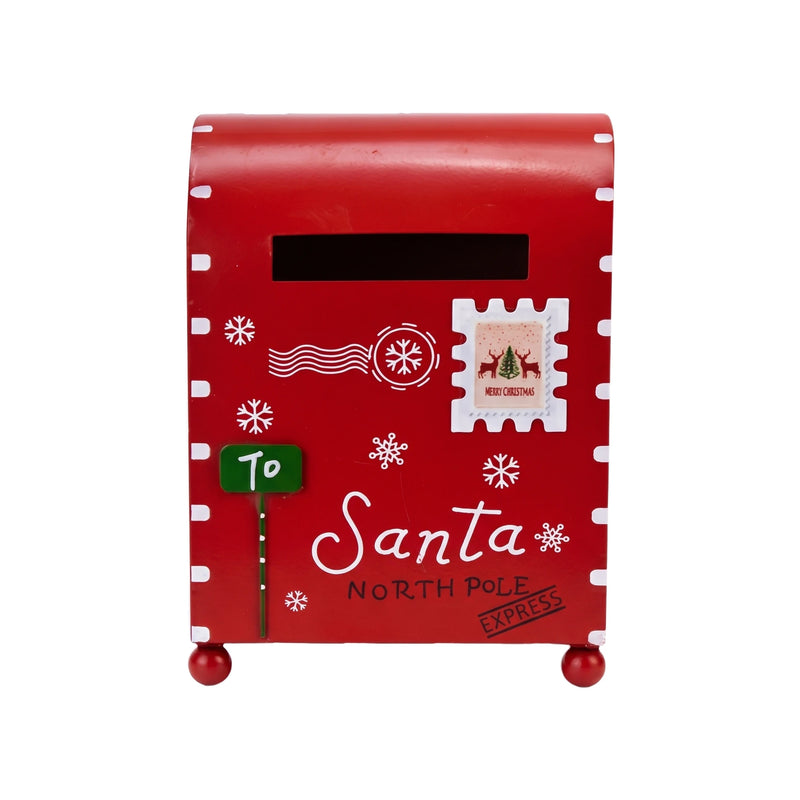 Red metal Christmas mailbox with white printed motifs on a pure white background