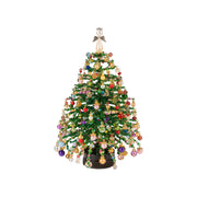 Green beaded holiday tree with colorful ornaments on white