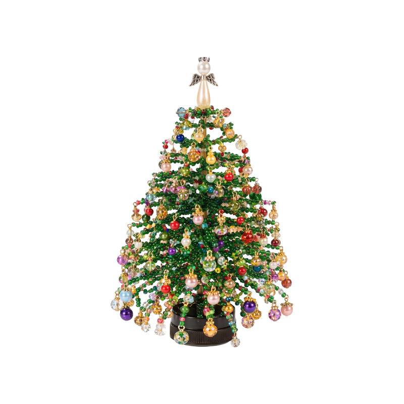 Green beaded holiday tree with colorful ornaments on white