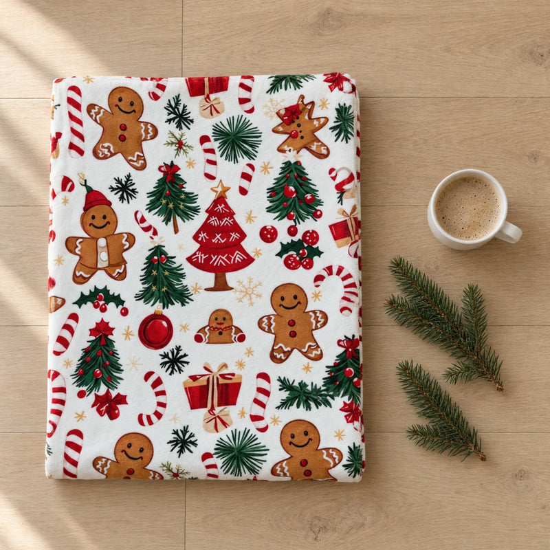 Folded gingerbread print Christmas throw on an oak floor beside fir sprigs and a white cup