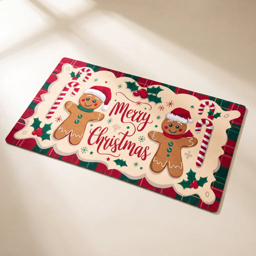 Gingerbread Christmas mat with the original Merry Christmas print on a warm ivory floor