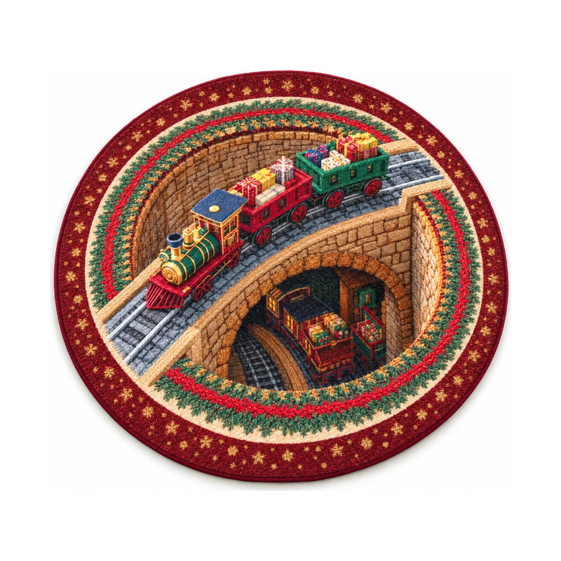 Color 4 railway scene print round rug, 80 cm diameter, on a white background