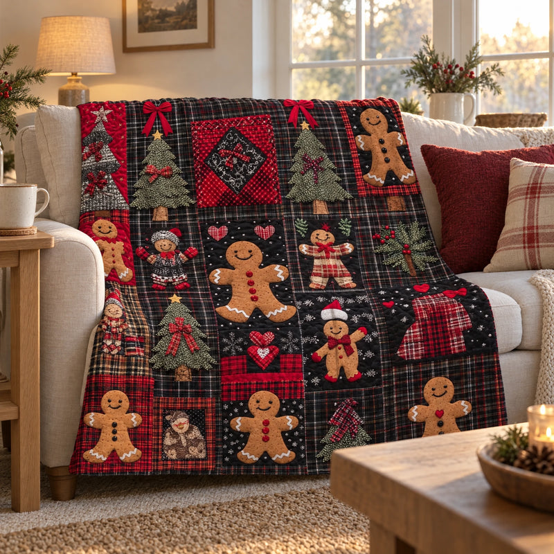Tartan gingerbread Christmas throw over a linen sofa under a window in golden afternoon light