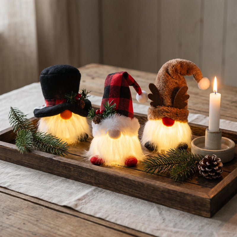 Plush Christmas Gnome Hanging Ornament with Warm LED Glow