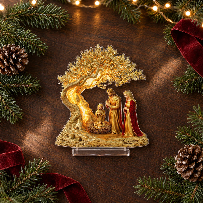 Flat Acrylic Christmas Nativity Scene – Holy Family Under an Olive Tree