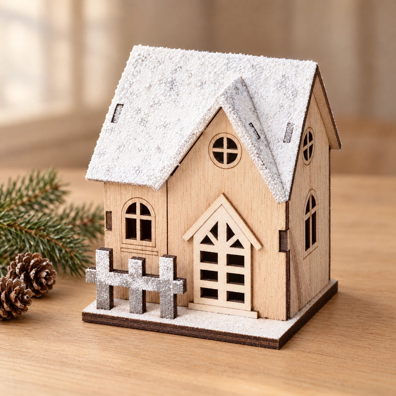 Christmas LED Light Wooden House – Snow-Flocked Wood Cabin Decoration