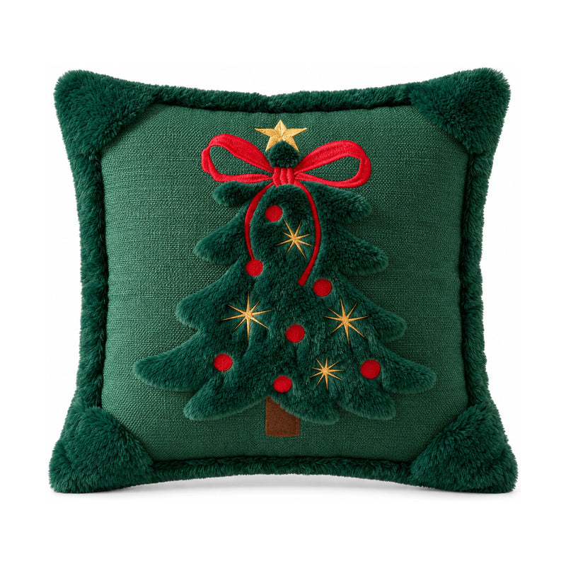 3D Christmas Tree Cushion Cover — Faux Plush Embroidered Tree, 18 in