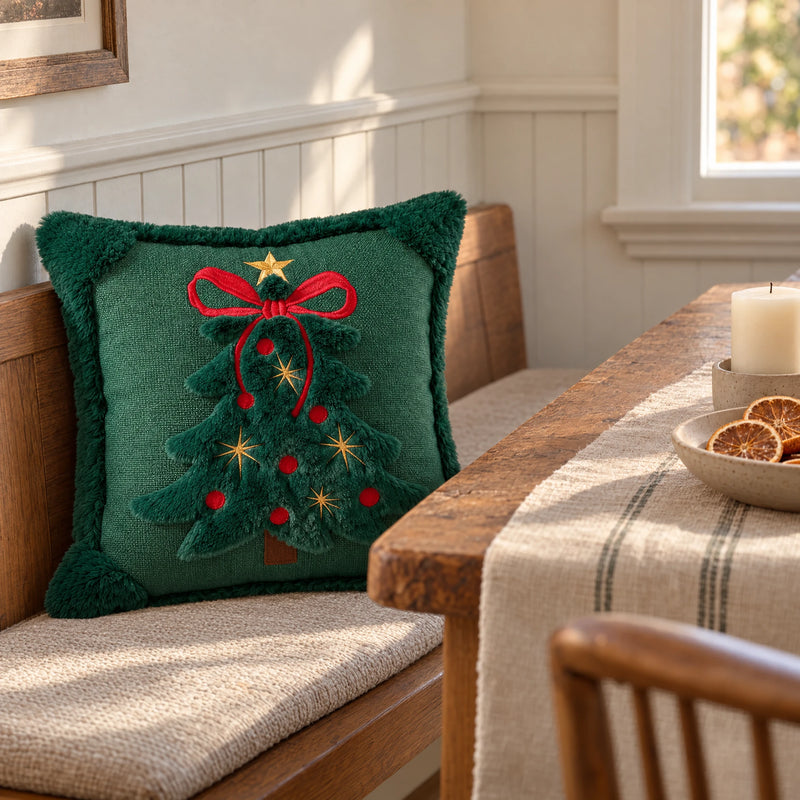 3D Christmas Tree Cushion Cover — Faux Plush Embroidered Tree, 18 in