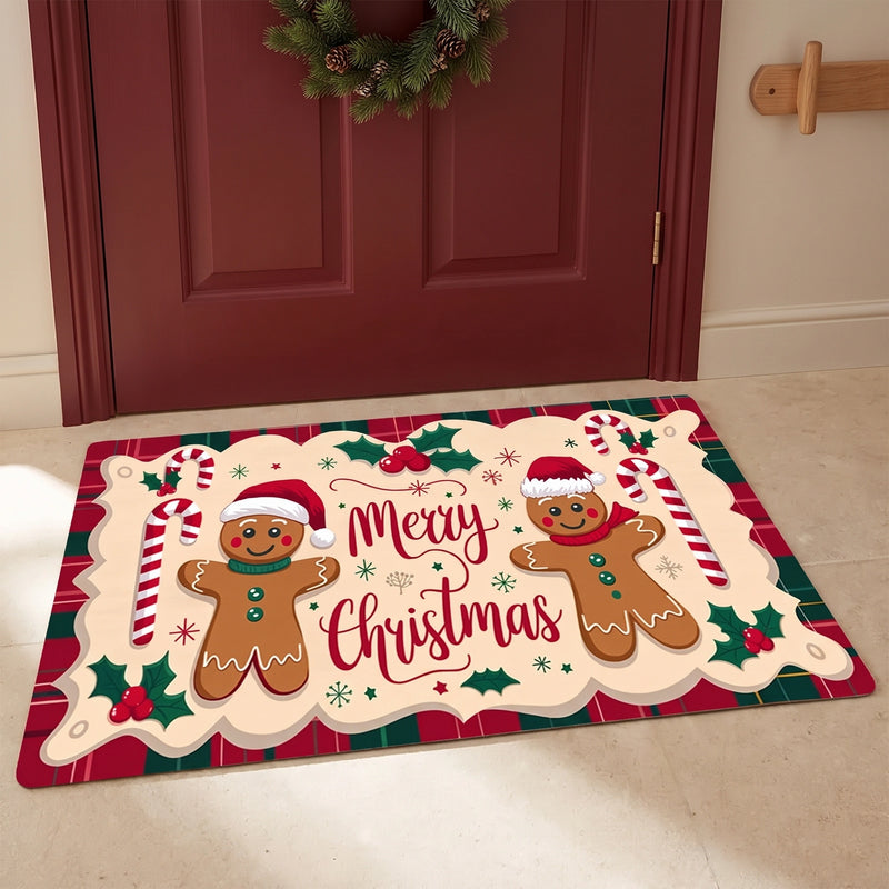 Compact gingerbread Christmas mat inside an oxblood-red entrance door