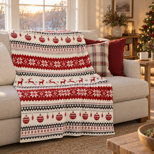 Fair isle Christmas throw over a linen sofa under a window in golden afternoon light