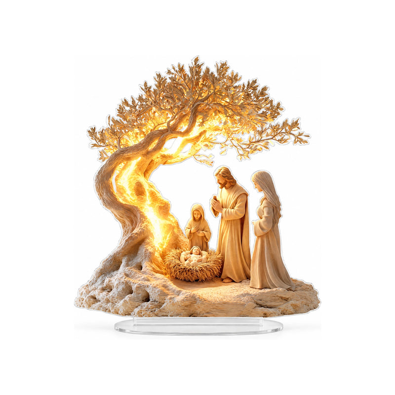 Flat Acrylic Christmas Nativity Scene – Holy Family Under an Olive Tree