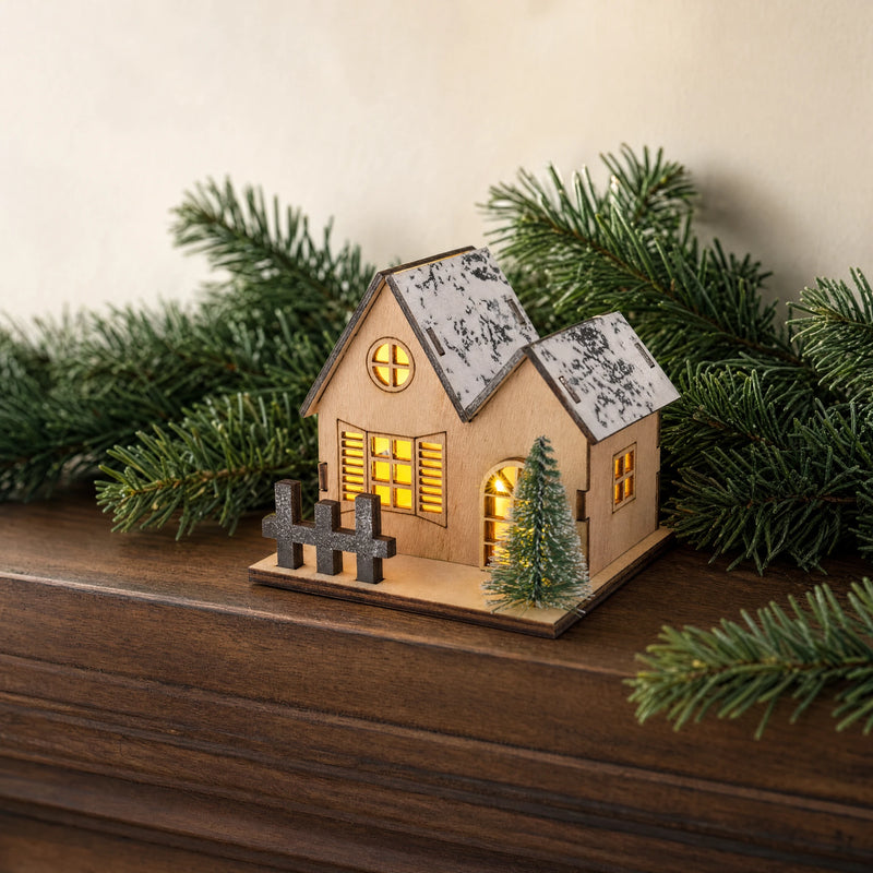 Style A wooden LED Christmas village house on a walnut mantel with fresh fir branches