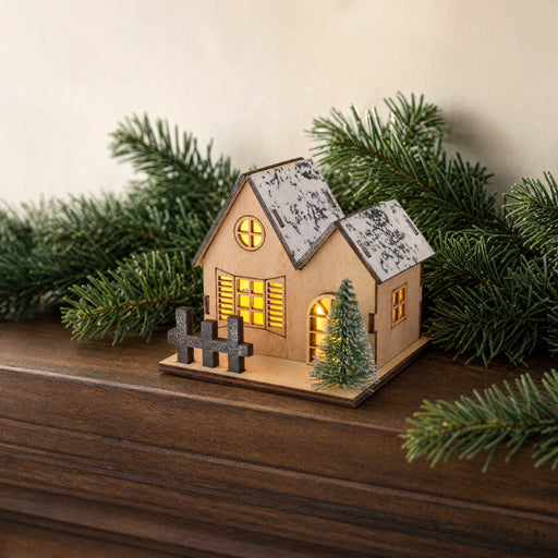 Style A wooden LED Christmas village house on a walnut mantel with fresh fir branches