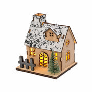 Style B wooden LED Christmas house with left chimney, front dormer, tree and fence on pure white