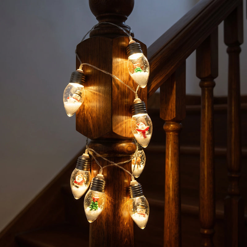 Christmas bulb string lights wound around a wooden staircase newel post at night