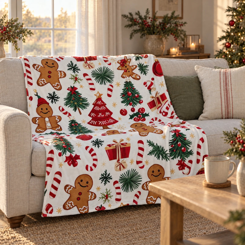 Gingerbread print Christmas throw over a linen sofa under a window in golden afternoon light