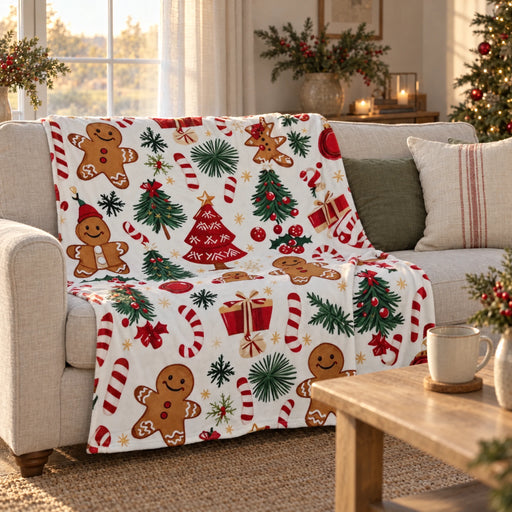 Gingerbread print Christmas throw over a linen sofa under a window in golden afternoon light