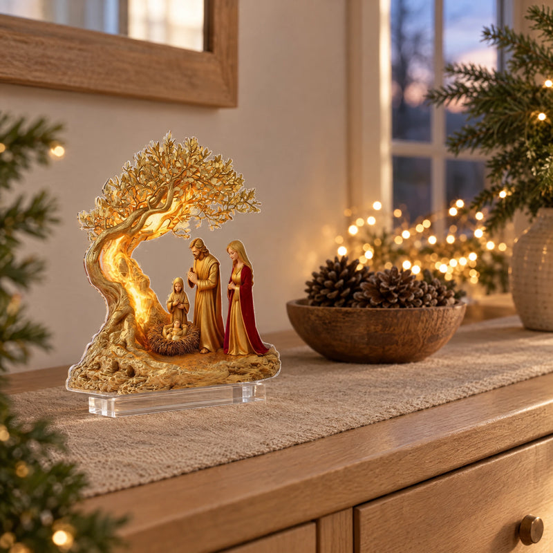 Flat Acrylic Christmas Nativity Scene – Holy Family Under an Olive Tree