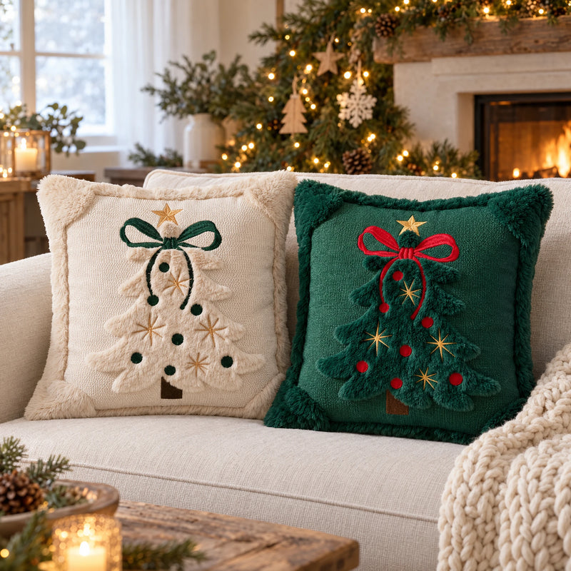 3D Christmas Tree Cushion Cover — Faux Plush Embroidered Tree, 18 in
