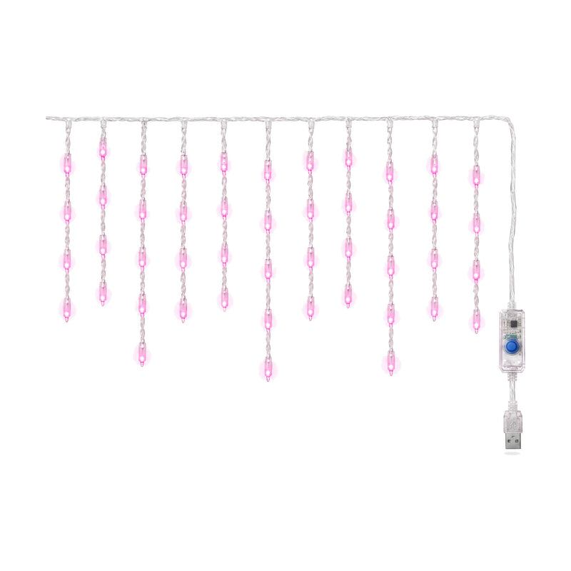 USB icicle curtain light, pink, on a white background