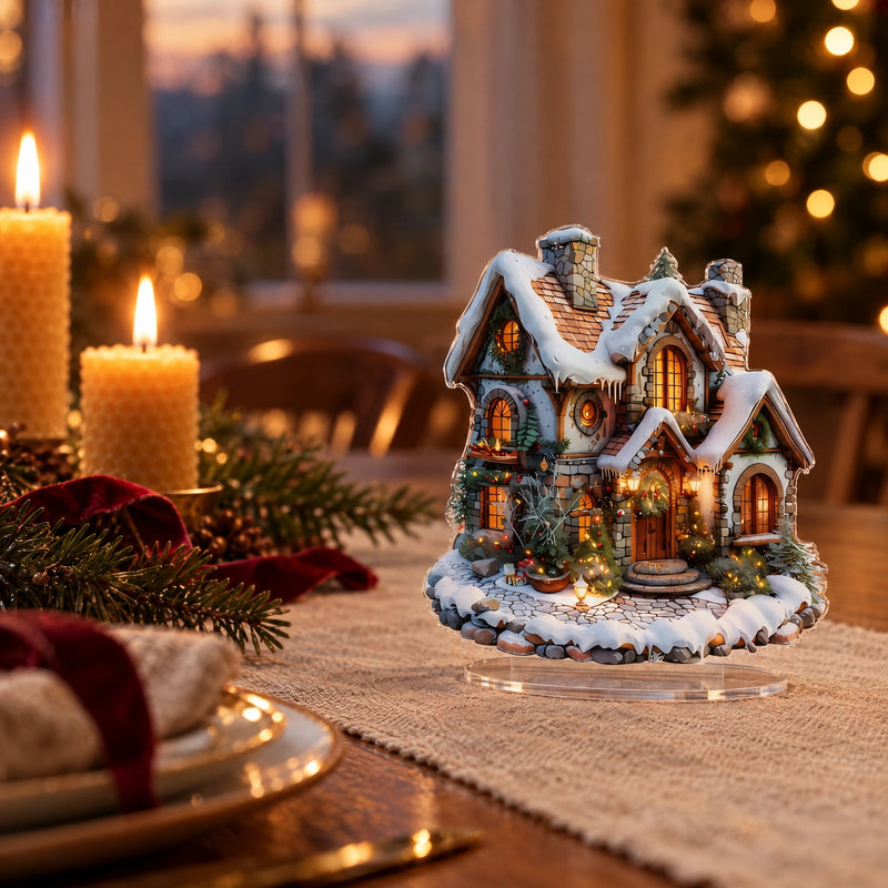 Flat acrylic Christmas snowhouse decoration on a dining table with candles and fir branches