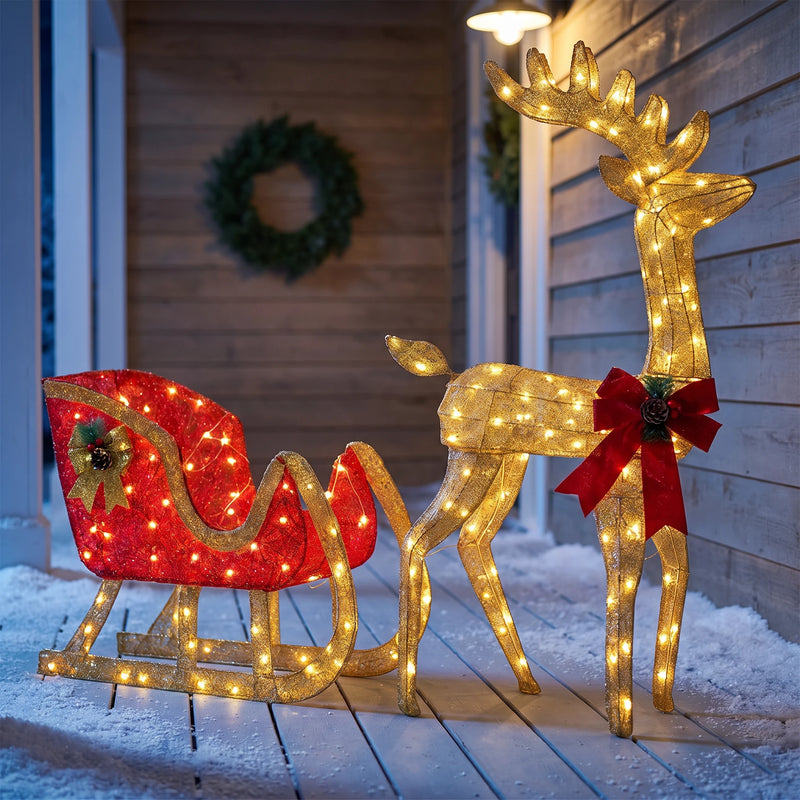 Lighted Christmas Reindeer & Santa Sleigh Set — 2-Piece, Pre-Lit